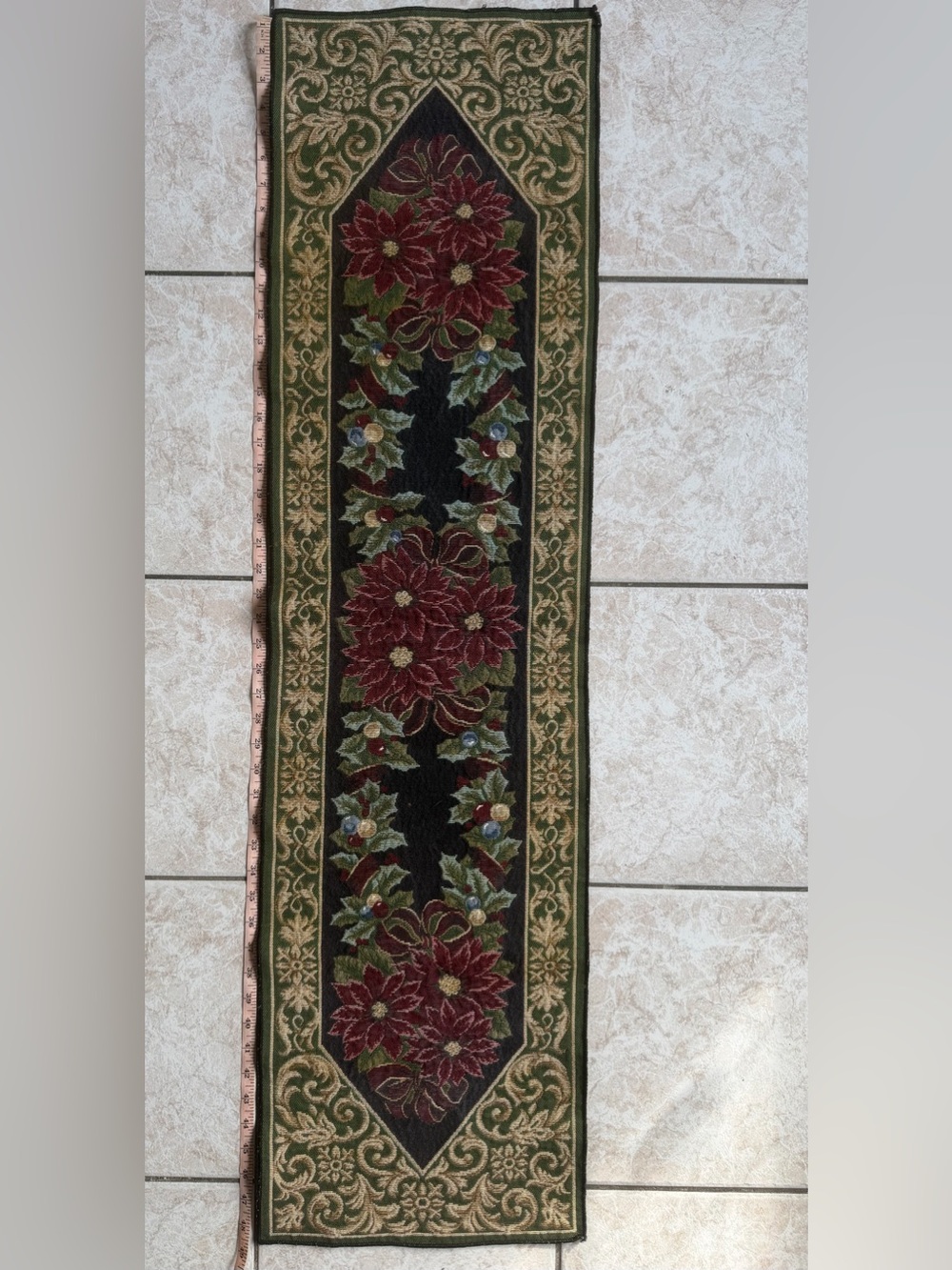 Vintage Christmas Poinsettia Tapestry Table Runner Festive Holiday Woven Floral
